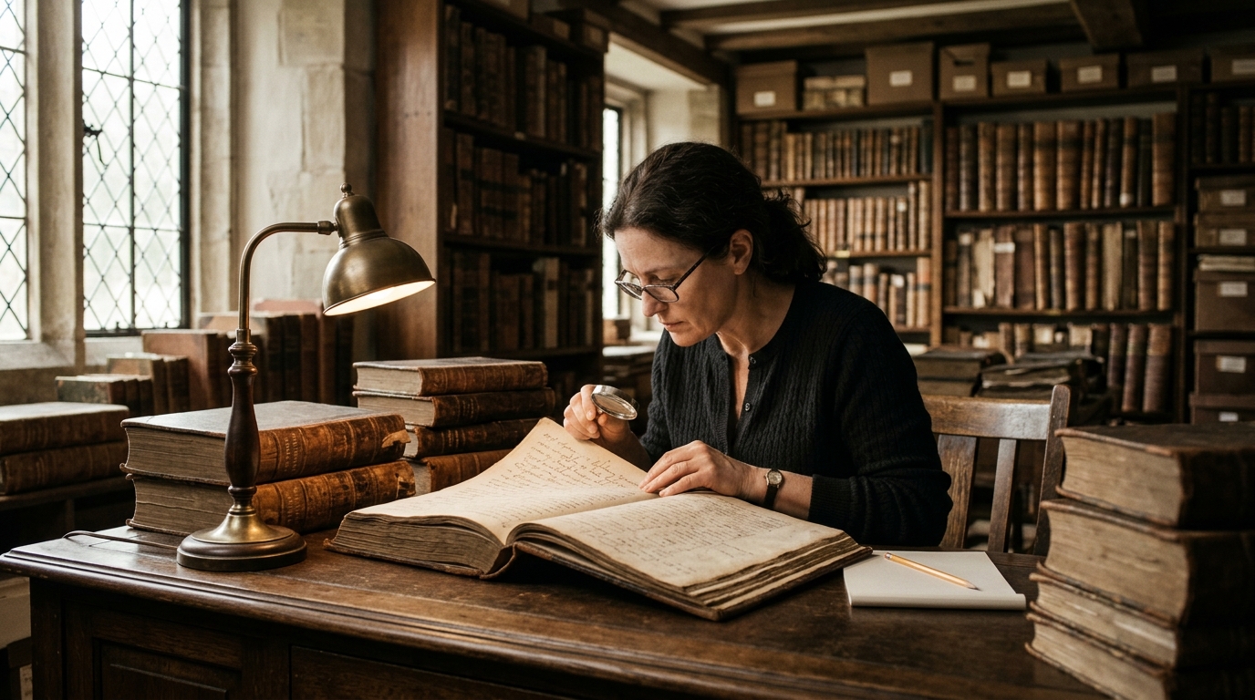 Человек изучает метрические книги в архиве, старые документы