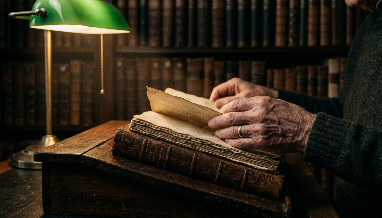  Читальный зал архива. Крупным планом — старые книги, руки исследователя
