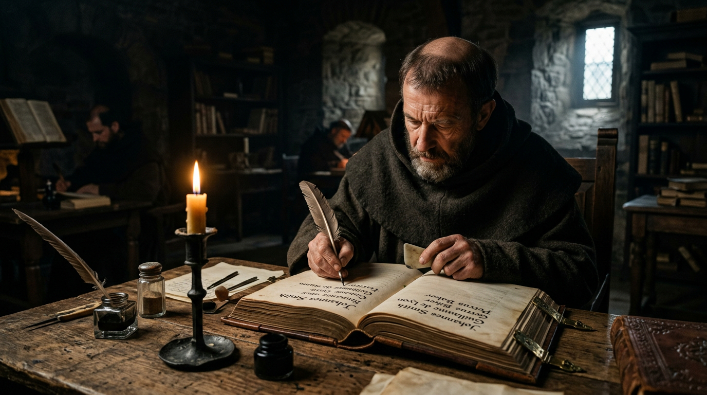 Писец за работой, переписывающий фамилии в книгу