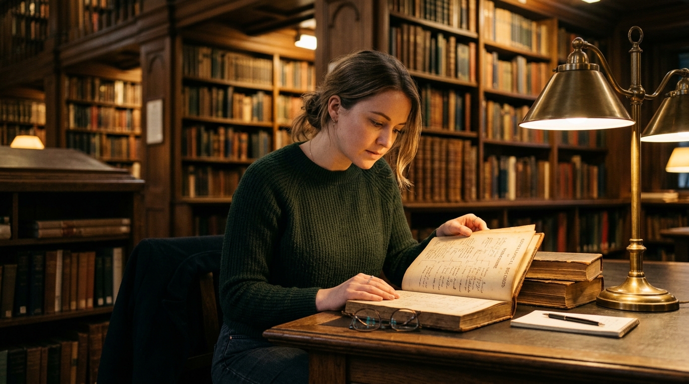 Современный человек изучает старинную родословную книгу